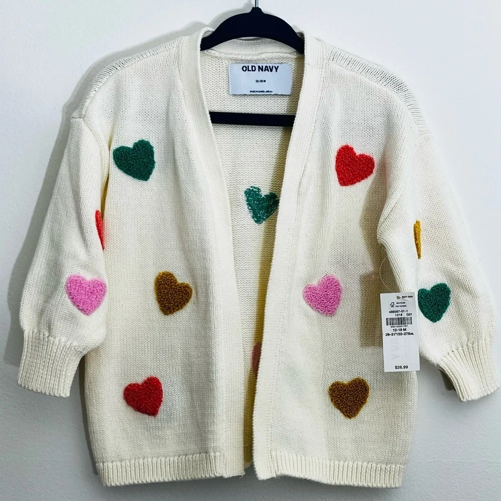 NWT Old Navy Baby Cardigan Cream Heart Knit Sweater Girls Chunky Open Front